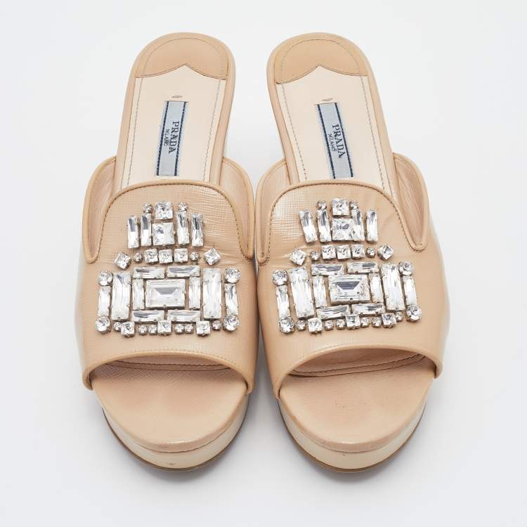 Pre Owned Prada Beige Saffiano Patent Leather Crystal Embellished Platform Wedge Sandals Size 39