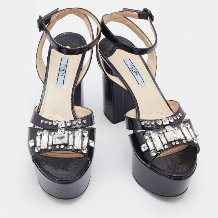Pre Owned Prada Black Saffiano Patent Leather Crystal Embellished Ankle Strap Platform Sandals Size 39