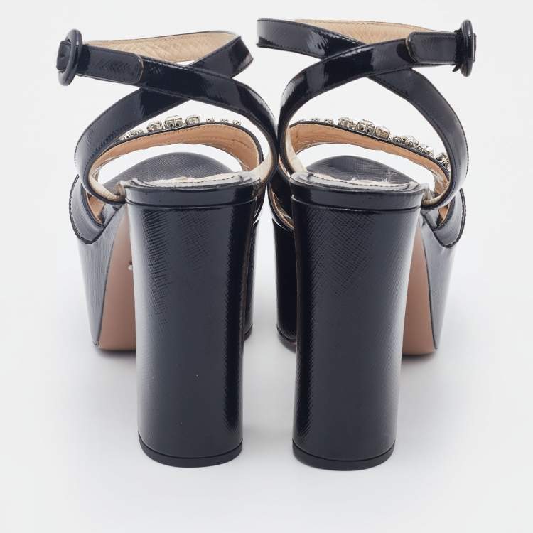 Pre Owned Prada Black Saffiano Patent Leather Crystal Embellished Ankle Strap Platform Sandals Size 39
