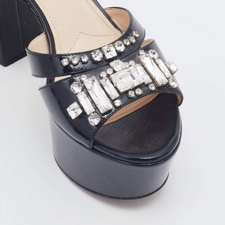 Pre Owned Prada Black Saffiano Patent Leather Crystal Embellished Ankle Strap Platform Sandals Size 39