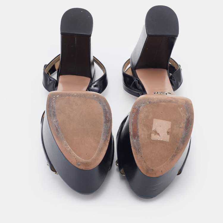 Pre Owned Prada Black Saffiano Patent Leather Crystal Embellished Ankle Strap Platform Sandals Size 39