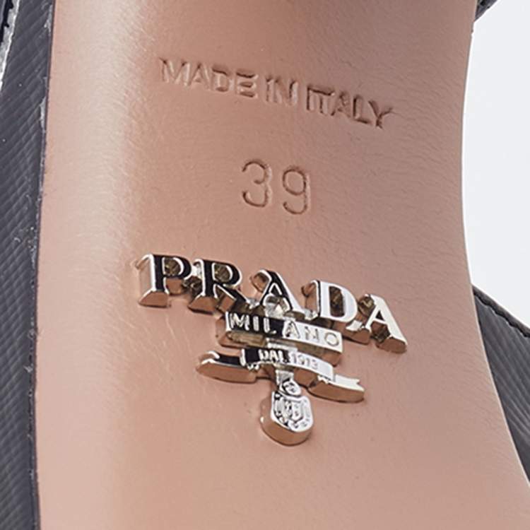 Pre Owned Prada Black Saffiano Patent Leather Crystal Embellished Ankle Strap Platform Sandals Size 39