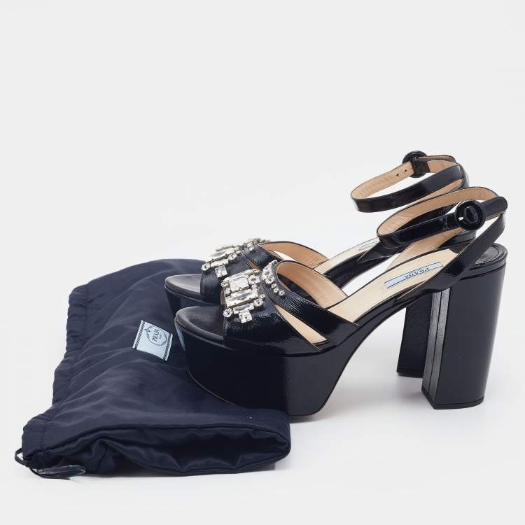 Pre Owned Prada Black Saffiano Patent Leather Crystal Embellished Ankle Strap Platform Sandals Size 39