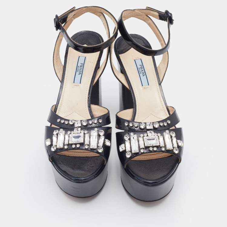 Pre Owned Prada Black Saffiano Patent Leather Crystal Embellished Ankle Strap Platform Sandals Size 39