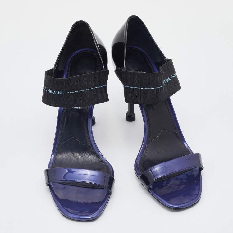 Pre Owned Prada Purple/Black Patent Leather Logo Elastic Ankle Strap Sandals Size 39.5