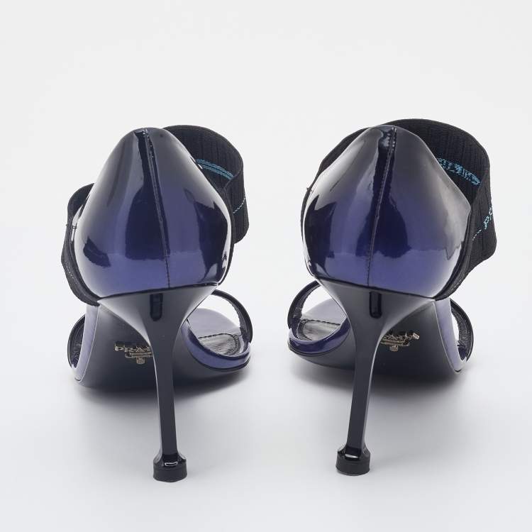 Pre Owned Prada Purple/Black Patent Leather Logo Elastic Ankle Strap Sandals Size 39.5