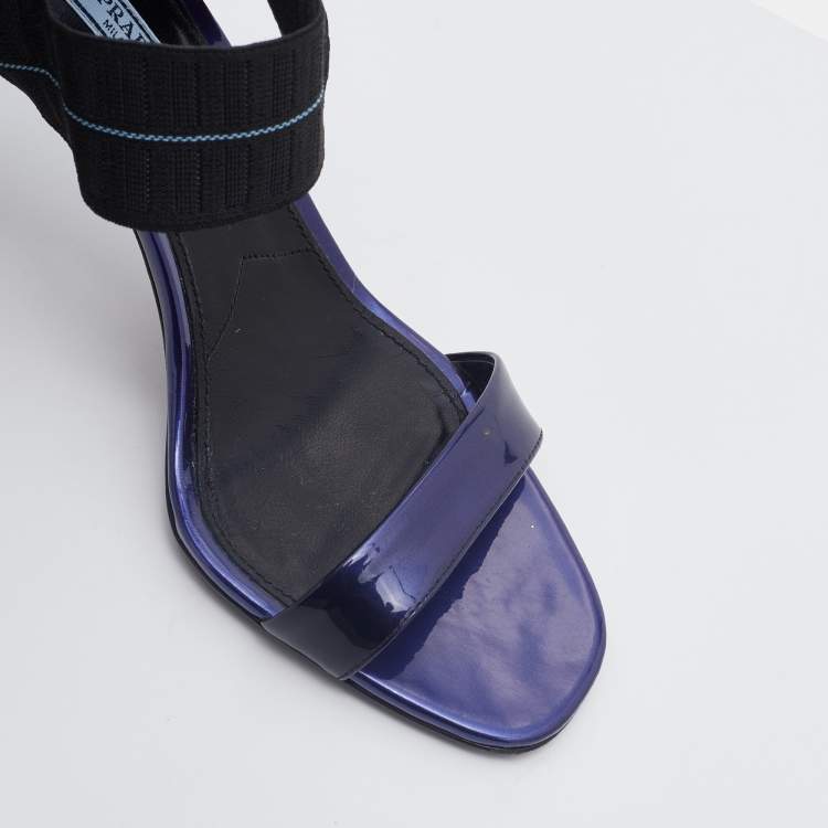 Pre Owned Prada Purple/Black Patent Leather Logo Elastic Ankle Strap Sandals Size 39.5