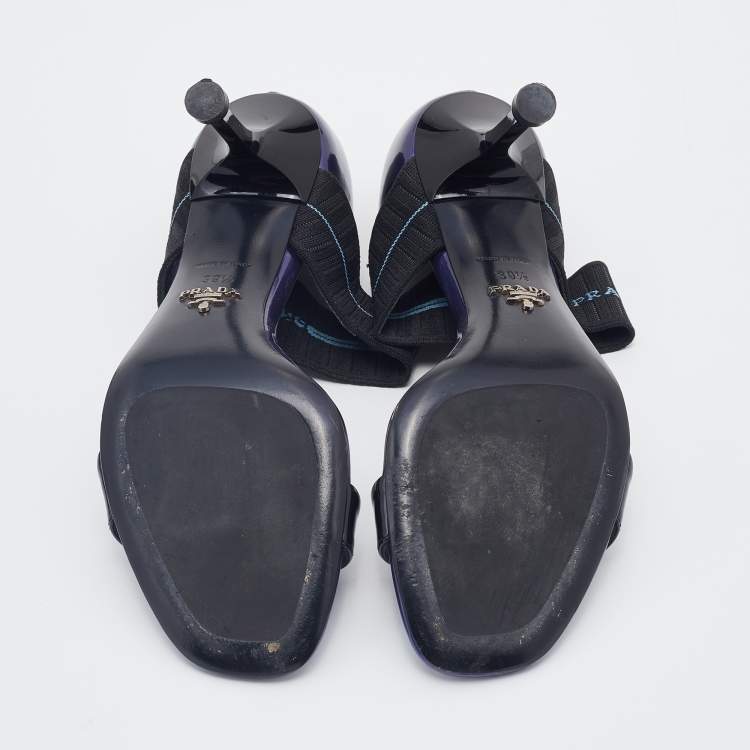 Pre Owned Prada Purple/Black Patent Leather Logo Elastic Ankle Strap Sandals Size 39.5