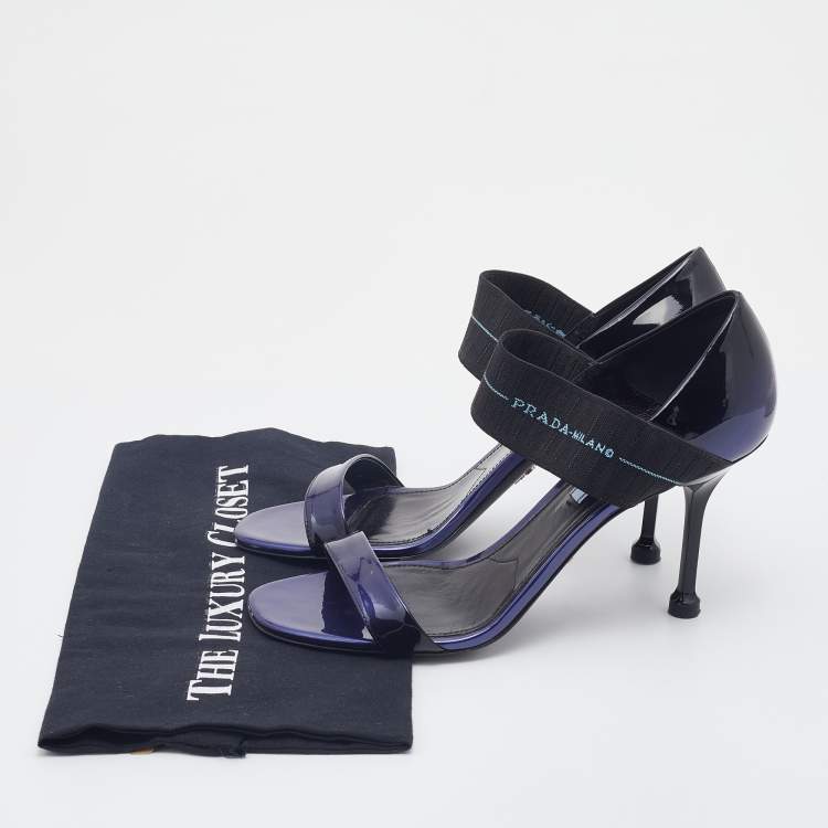 Pre Owned Prada Purple/Black Patent Leather Logo Elastic Ankle Strap Sandals Size 39.5