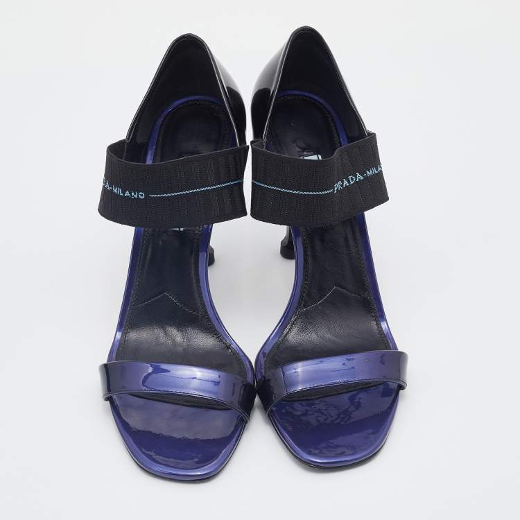 Pre Owned Prada Purple/Black Patent Leather Logo Elastic Ankle Strap Sandals Size 39.5