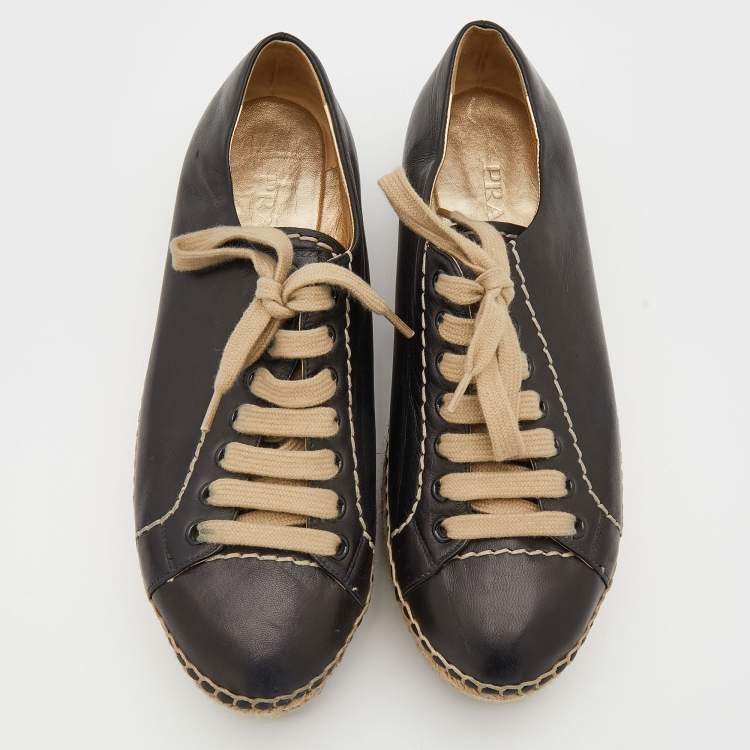 Pre Owned Prada Black Leather Platform Espadrille Lace Up Sneakers Size 38.5