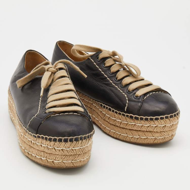 Pre Owned Prada Black Leather Platform Espadrille Lace Up Sneakers Size 38.5