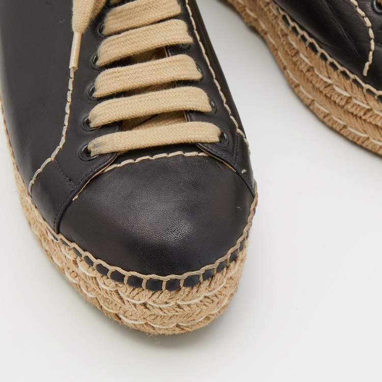 Pre Owned Prada Black Leather Platform Espadrille Lace Up Sneakers Size 38.5