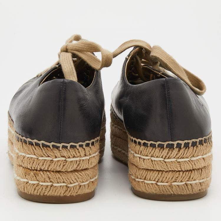 Pre Owned Prada Black Leather Platform Espadrille Lace Up Sneakers Size 38.5