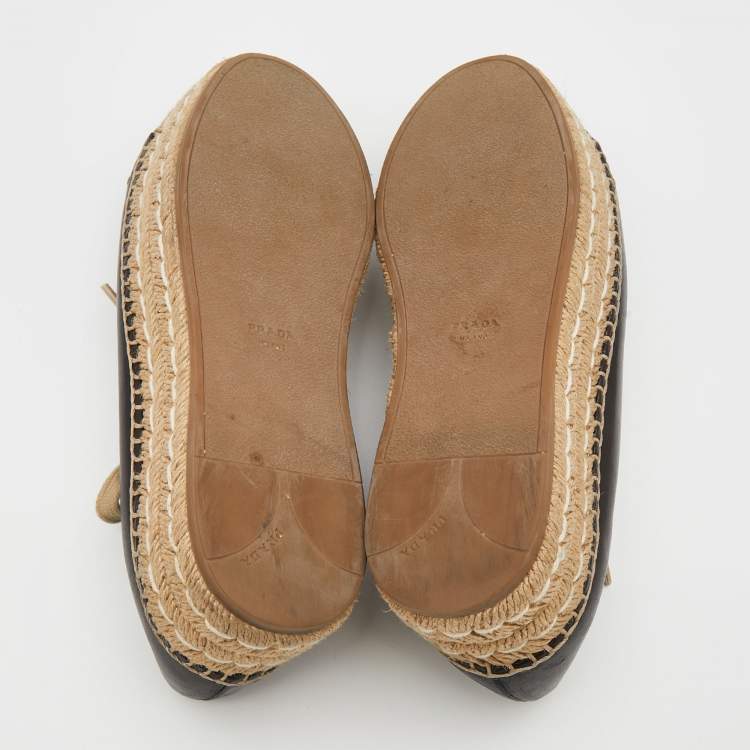 Pre Owned Prada Black Leather Platform Espadrille Lace Up Sneakers Size 38.5