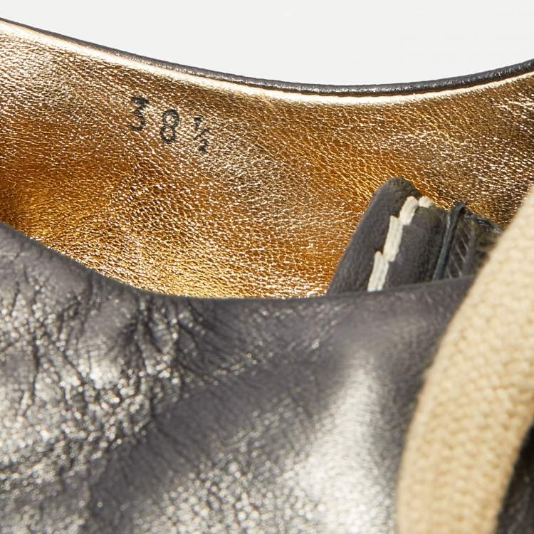 Pre Owned Prada Black Leather Platform Espadrille Lace Up Sneakers Size 38.5