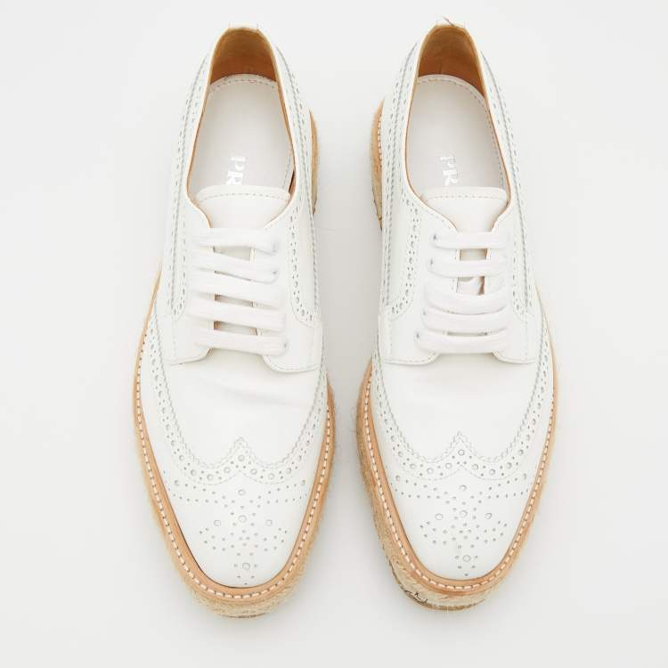 Pre Owned Prada White Leather Brogue Leather Wave Wingtip Platform Derby Sneakers Size 37.5