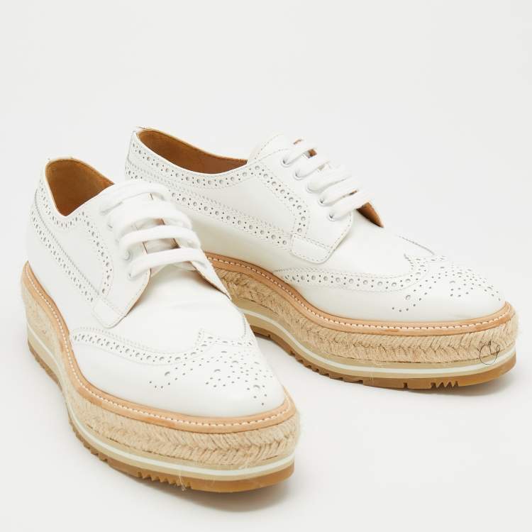 Pre Owned Prada White Leather Brogue Leather Wave Wingtip Platform Derby Sneakers Size 37.5