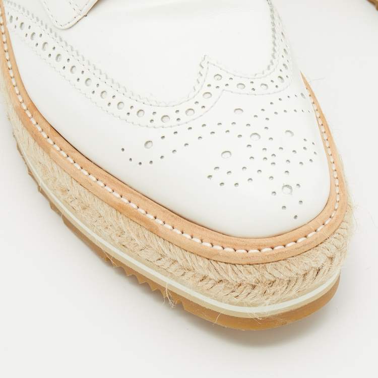 Pre Owned Prada White Leather Brogue Leather Wave Wingtip Platform Derby Sneakers Size 37.5