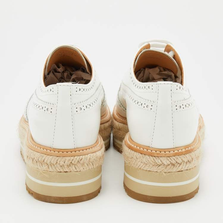 Pre Owned Prada White Leather Brogue Leather Wave Wingtip Platform Derby Sneakers Size 37.5
