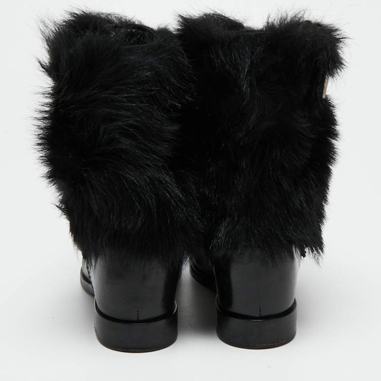 Pre Owned Prada Black Leather And Fur Ankle Length Boots Size 36