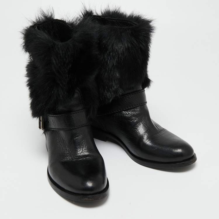 Pre Owned Prada Black Leather And Fur Ankle Length Boots Size 36