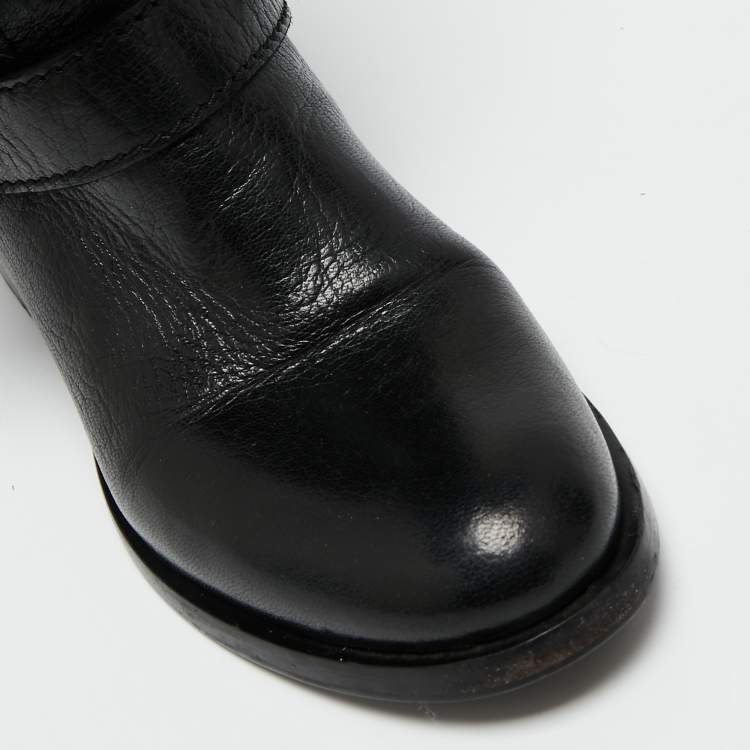 Pre Owned Prada Black Leather And Fur Ankle Length Boots Size 36