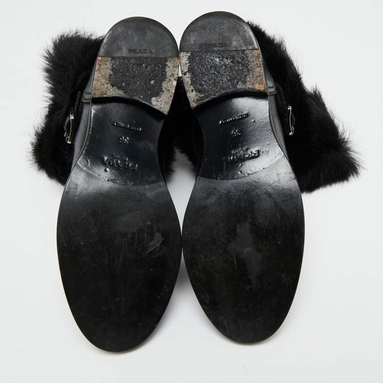 Pre Owned Prada Black Leather And Fur Ankle Length Boots Size 36
