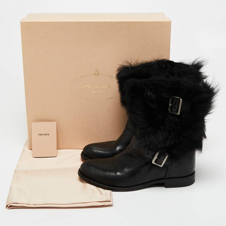 Pre Owned Prada Black Leather And Fur Ankle Length Boots Size 36