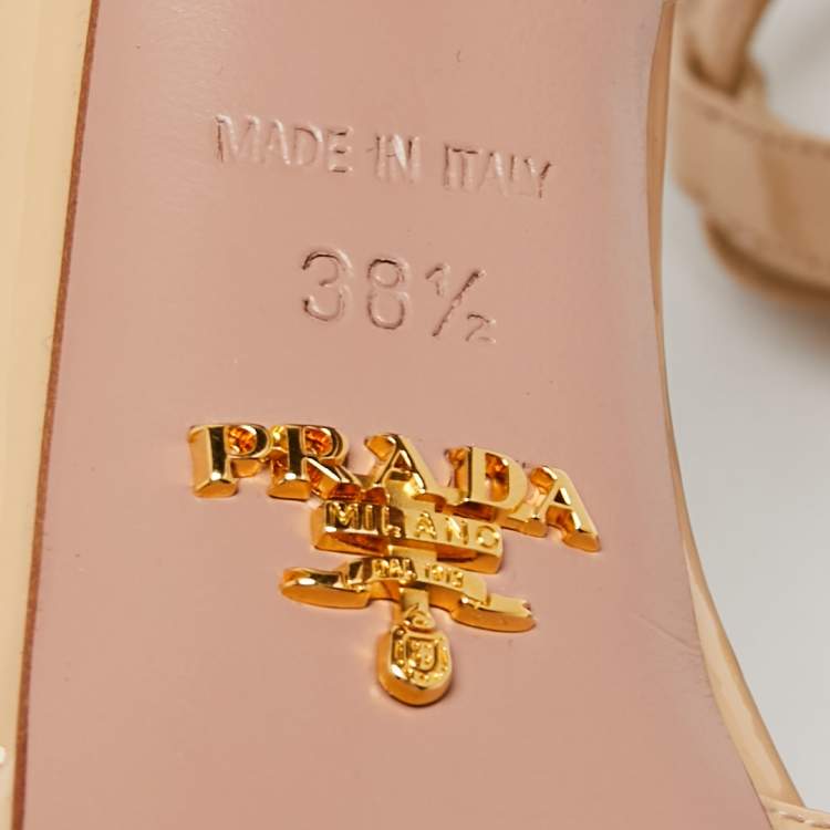 Pre Owned Prada Beige Patent Leather Platform Ankle Strap Sandals Size 38.5