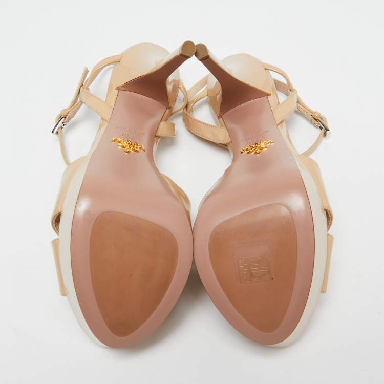 Pre Owned Prada Beige Patent Leather Platform Ankle Strap Sandals Size 38.5