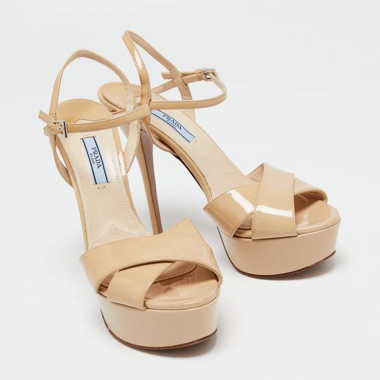Pre Owned Prada Beige Patent Leather Platform Ankle Strap Sandals Size 38.5