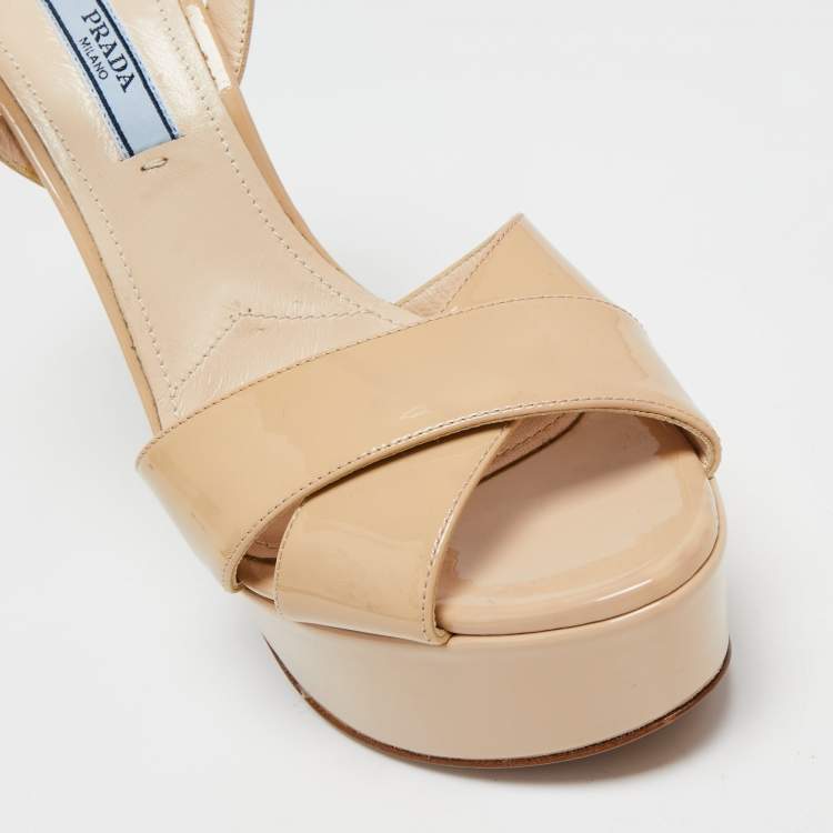 Pre Owned Prada Beige Patent Leather Platform Ankle Strap Sandals Size 38.5