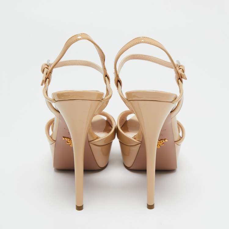 Pre Owned Prada Beige Patent Leather Platform Ankle Strap Sandals Size 38.5