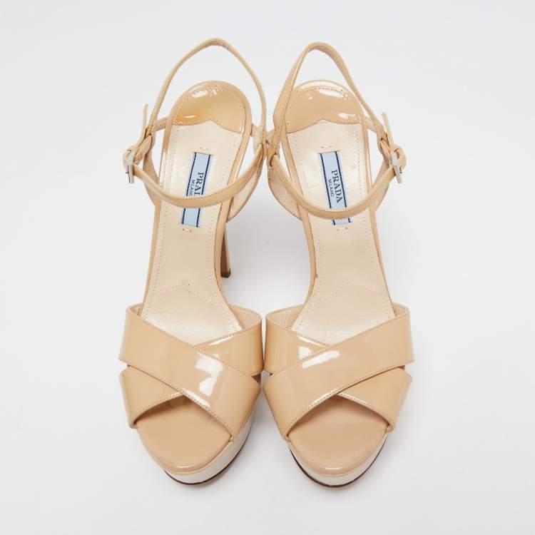 Pre Owned Prada Beige Patent Leather Platform Ankle Strap Sandals Size 38.5