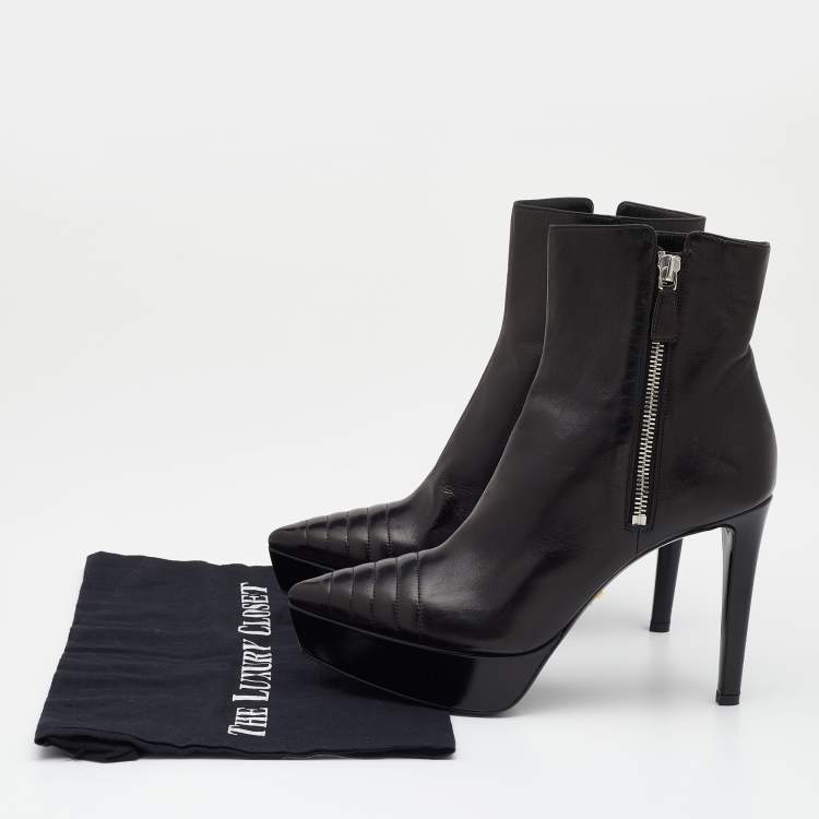Pre Owned Prada Black Leather Pointed Toe Platform Ankle Length Boots Size 37.5