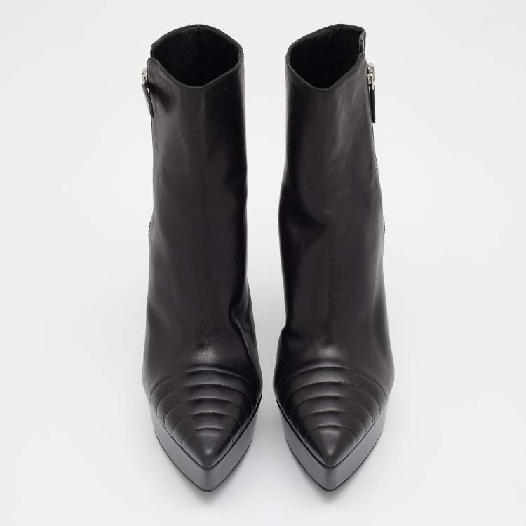 Pre Owned Prada Black Leather Pointed Toe Platform Ankle Length Boots Size 37.5