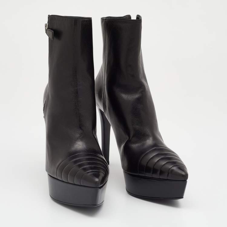 Pre Owned Prada Black Leather Pointed Toe Platform Ankle Length Boots Size 37.5