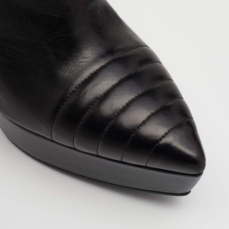 Pre Owned Prada Black Leather Pointed Toe Platform Ankle Length Boots Size 37.5