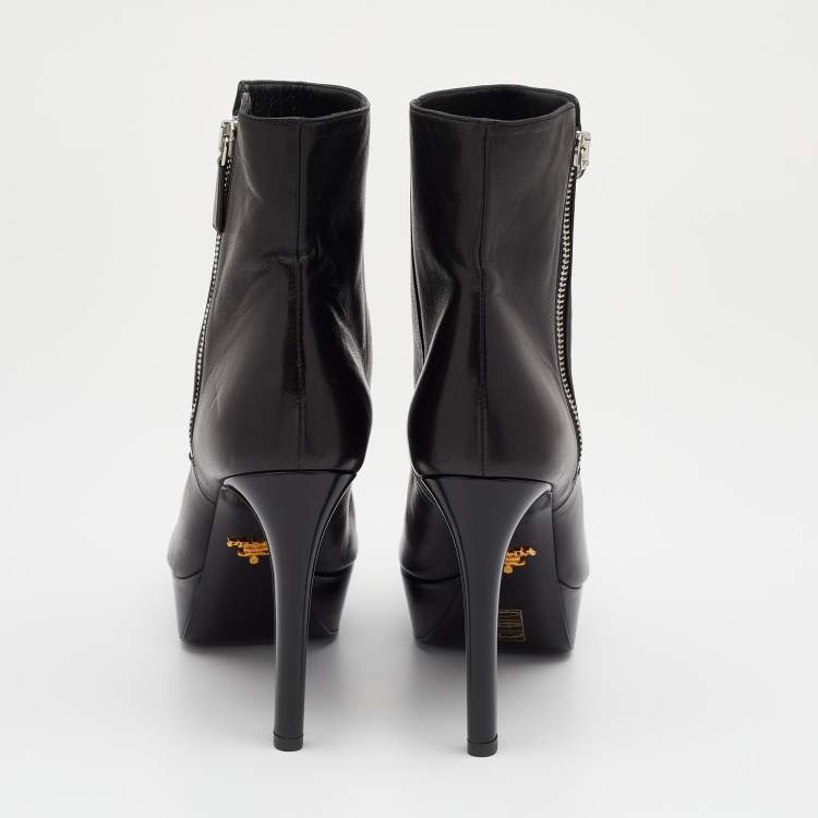 Pre Owned Prada Black Leather Pointed Toe Platform Ankle Length Boots Size 37.5