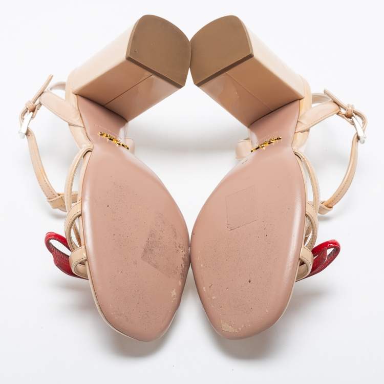 Pre Owned Prada Beige/Red Patent Leather Logo Bow Ankle Strap Sandals Size 38