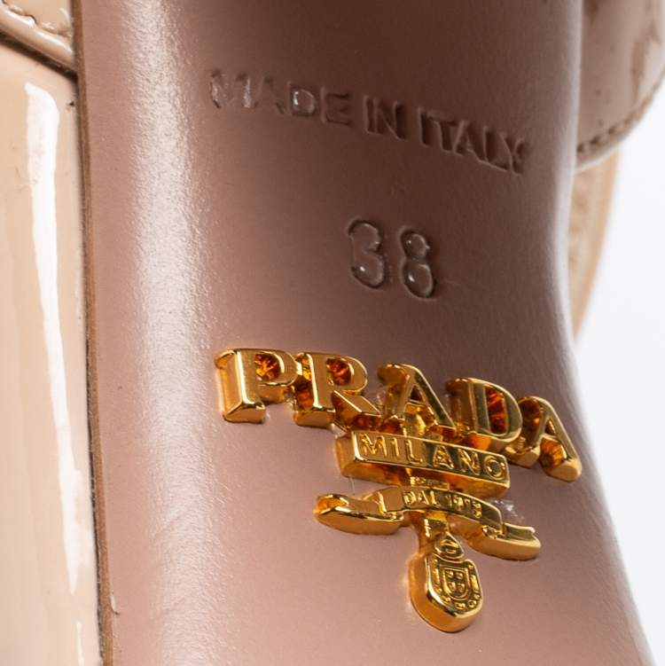 Pre Owned Prada Beige/Red Patent Leather Logo Bow Ankle Strap Sandals Size 38