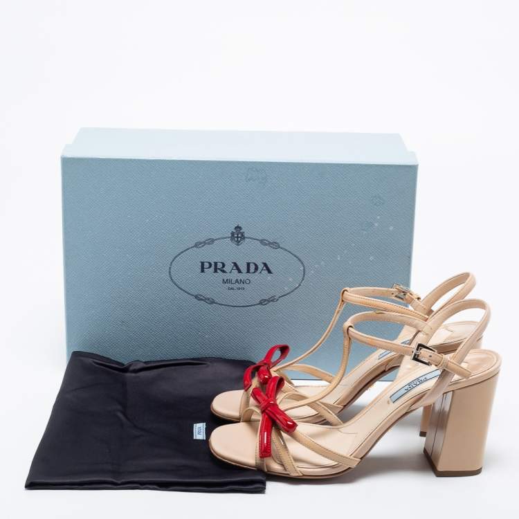 Pre Owned Prada Beige/Red Patent Leather Logo Bow Ankle Strap Sandals Size 38