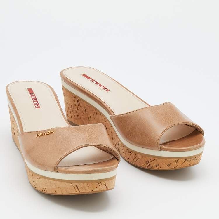 Pre Owned Prada Beige Leather Cork Platform Wedge Slide Sandals Size 40.5