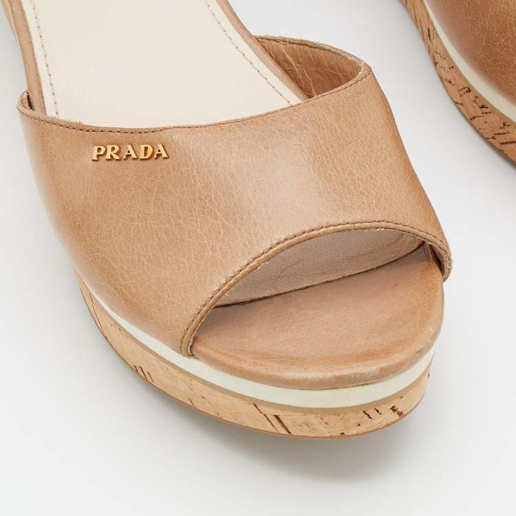 Pre Owned Prada Beige Leather Cork Platform Wedge Slide Sandals Size 40.5