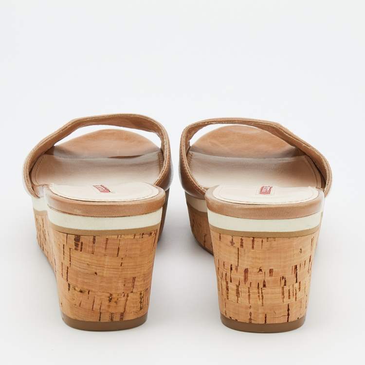 Pre Owned Prada Beige Leather Cork Platform Wedge Slide Sandals Size 40.5