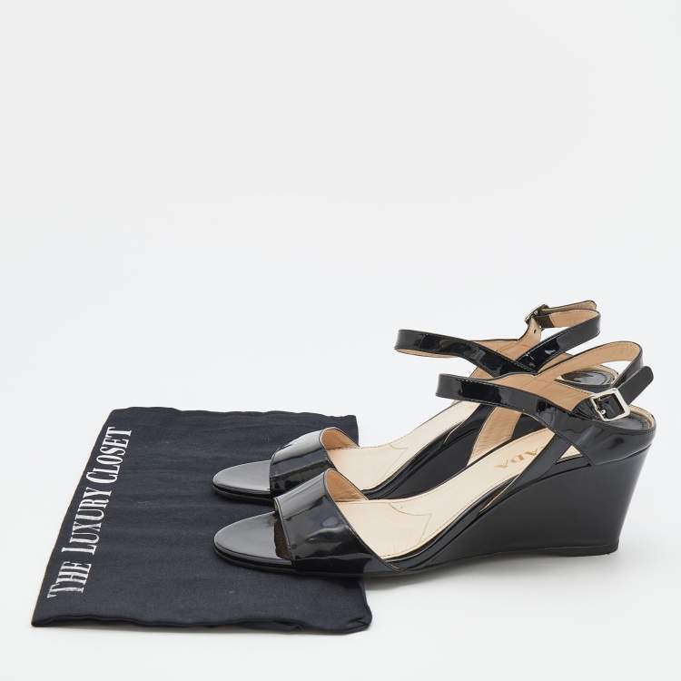 Pre Owned Prada Black Patent Leather Ankle Strap Wedge Sandals Size 39