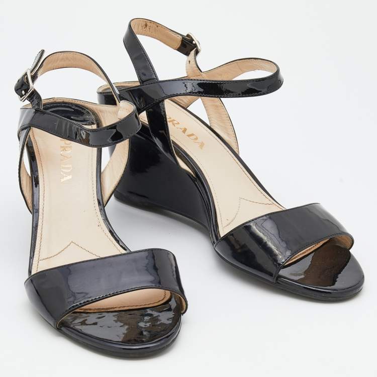 Pre Owned Prada Black Patent Leather Ankle Strap Wedge Sandals Size 39