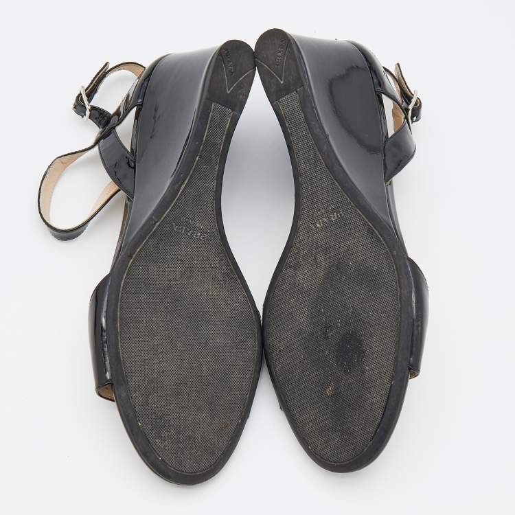 Pre Owned Prada Black Patent Leather Ankle Strap Wedge Sandals Size 39