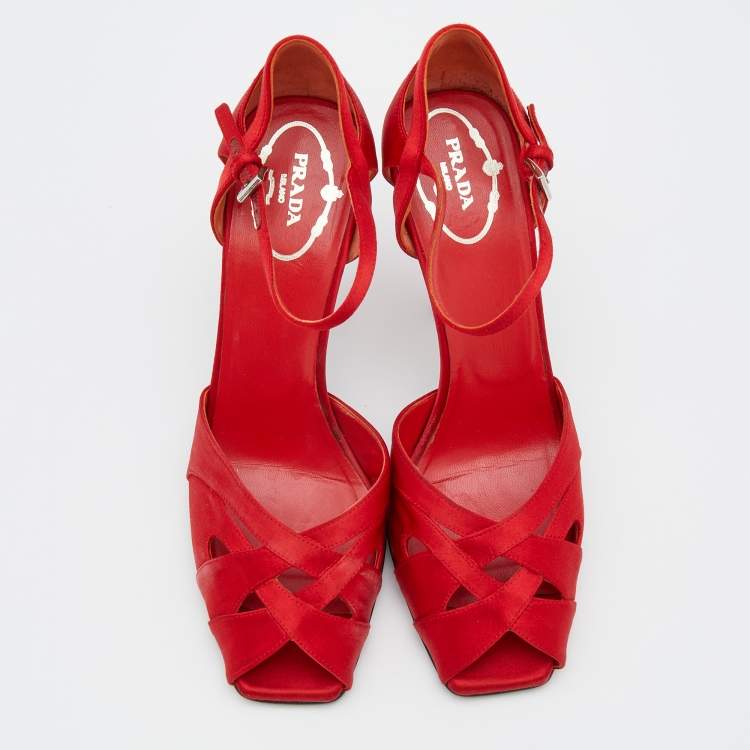 Pre Owned Prada Red Satin Ankle Strap Sandals Size 37